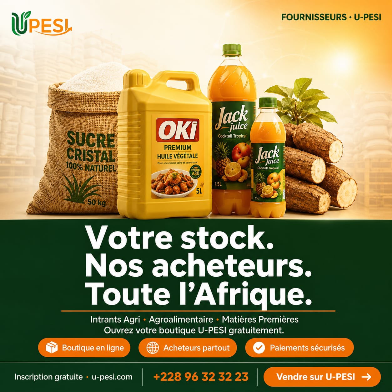 Produits fournisseurs U-PESI : sucre, huile, jus, manioc